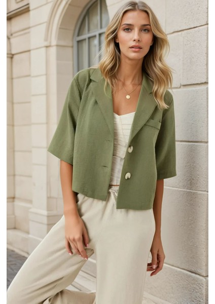 Kadın Haki Kısa Kollu Şal Yaka Düğmeli Mevsimlik Keten Ayrobin Ceket HZL24S-BD107061 fiyatları