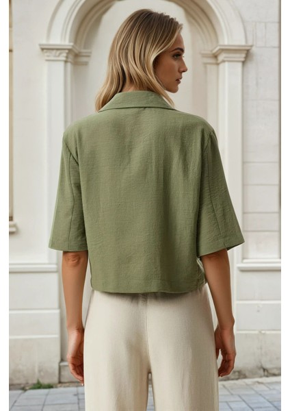 Kadın Haki Kısa Kollu Şal Yaka Düğmeli Mevsimlik Keten Ayrobin Ceket HZL24S-BD107061 fırsatları