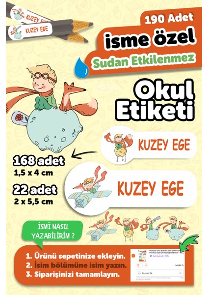 Okul Etiketi Kalem Defter Isimli Etiket Isim Yazılabilen Küçük Prens- 190 Adet Özel Tasarım Etiket