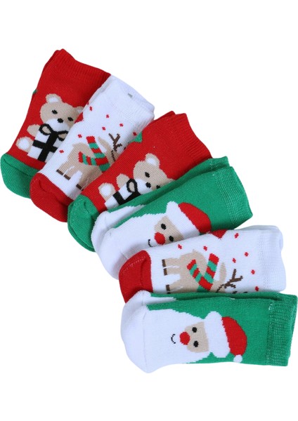 Pamuklu 6'lı Yılbaşı Noel Baba Kışlık Havlu Yenidoğan Bebek Çorap