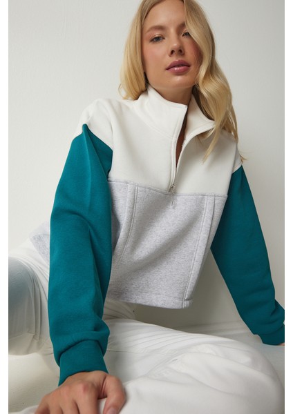 Fermuarlı Yaka Şardonlu Örme Crop Sweatshirt LNJ0018 Gri Zümrüt Yeşili fiyatları