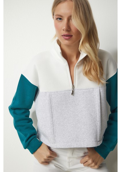 Fermuarlı Yaka Şardonlu Örme Crop Sweatshirt LNJ0018 Gri Zümrüt Yeşili modelleri