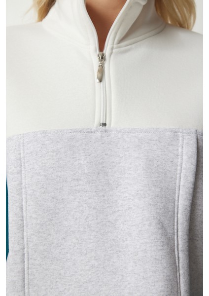 Fermuarlı Yaka Şardonlu Örme Crop Sweatshirt LNJ0018 Gri Zümrüt Yeşili fırsatları