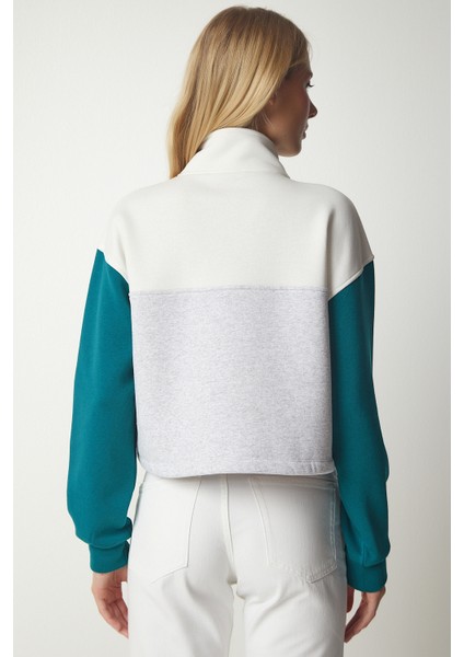 Fermuarlı Yaka Şardonlu Örme Crop Sweatshirt LNJ0018 Gri Zümrüt Yeşili indirimleri