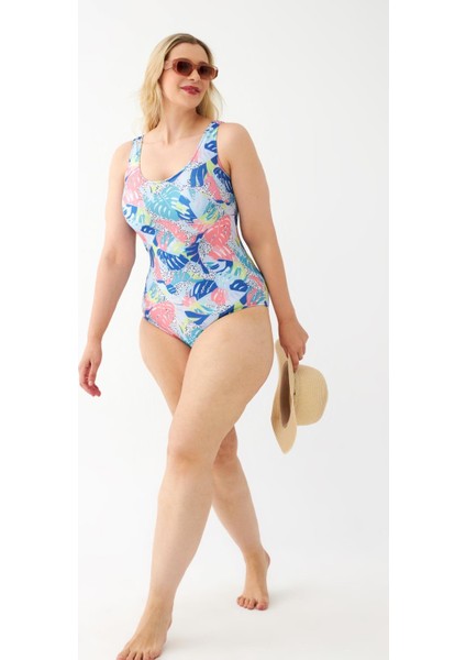 Kadın Renkli Tropikal Desenli Büyük Beden Tek Parça Mayo