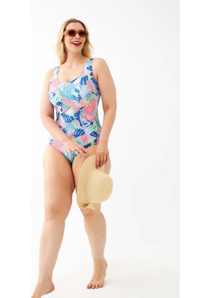 Kadın Renkli Tropikal Desenli Büyük Beden Tek Parça Mayo fiyatları