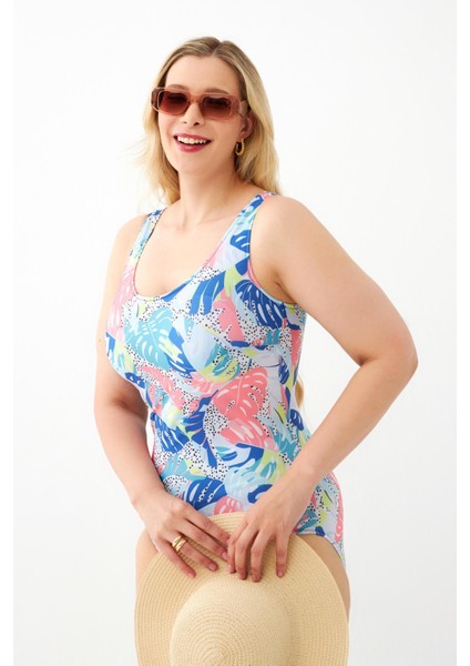 Kadın Renkli Tropikal Desenli Büyük Beden Tek Parça Mayo modelleri