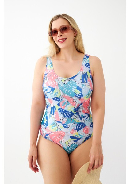 Kadın Renkli Tropikal Desenli Büyük Beden Tek Parça Mayo fırsatları