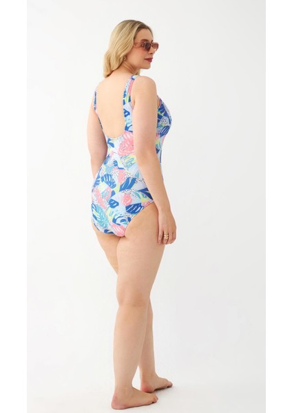 Kadın Renkli Tropikal Desenli Büyük Beden Tek Parça Mayo indirimleri