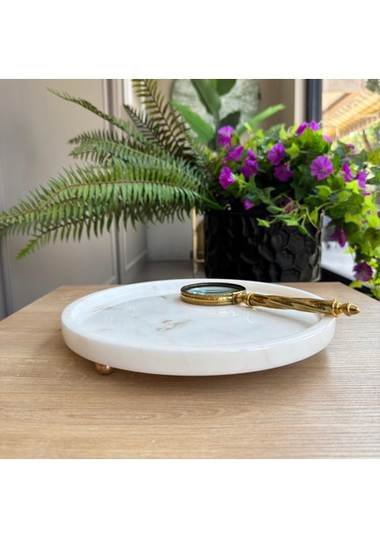 Beyaz Mermer Gold Top Ayaklısunumluk, Beyaz Mermer Ayaklı Sunum Tabağı