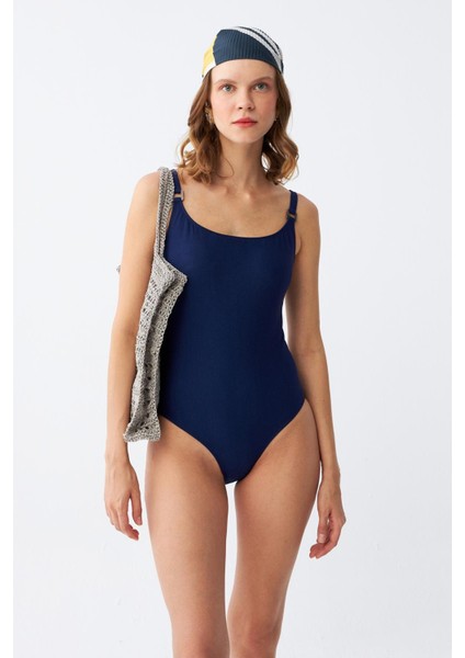 Kadın Lacivert Metal Aksesuarlı Ince Askılı Tek Parça Mayo