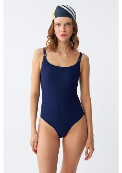 Kadın Lacivert Metal Aksesuarlı Ince Askılı Tek Parça Mayo modelleri