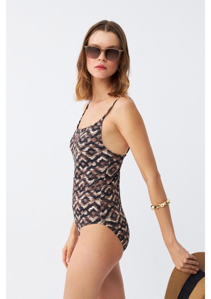 Kadın Etnik Desenli Ince Askılı Vücut Saran Mayo