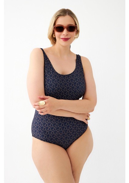 Kadın Lacivert Geometrik Desenli Büyük Beden Tek Parça Mayo