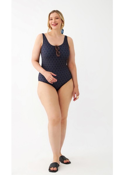 Kadın Lacivert Geometrik Desenli Büyük Beden Tek Parça Mayo fiyatları