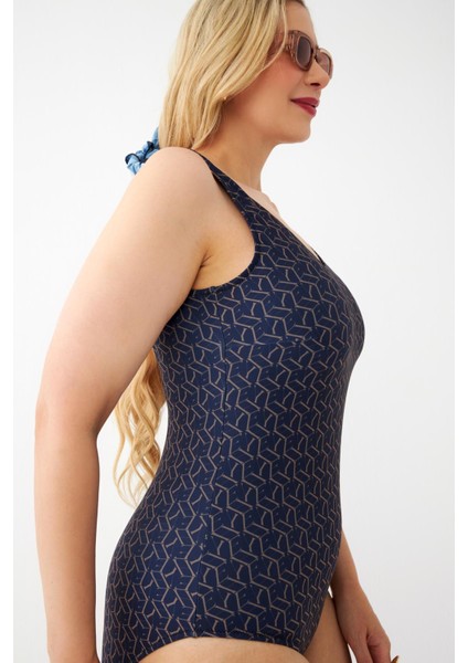 Kadın Lacivert Geometrik Desenli Büyük Beden Tek Parça Mayo modelleri