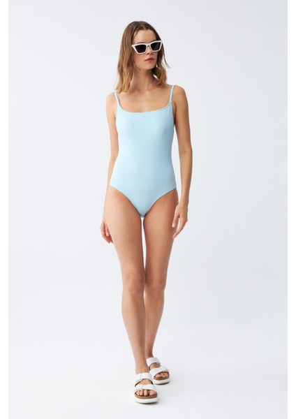 Kadın Buz Mavisi Ince Askılı Düz Tek Parça Mayo