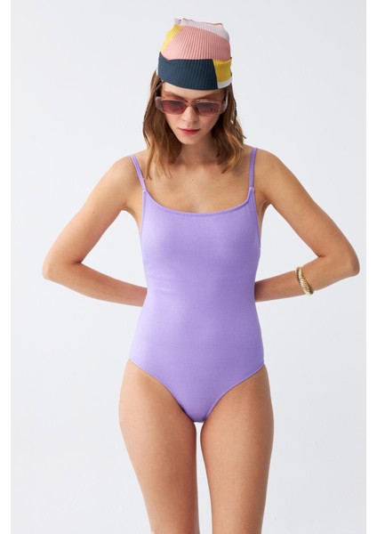 Kadın Lila Minimal Askılı Tek Parça Mayo fırsatları
