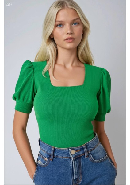 Kadın Yeşil Kare Yaka Örme Bluz HZL22W-BD104091 fiyatları