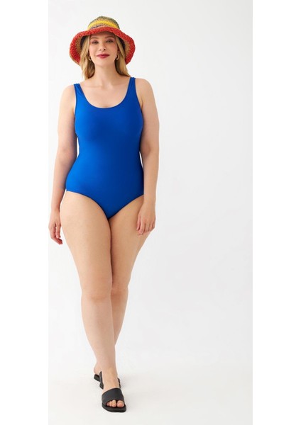 Kadın Saks Mavisi Büyük Beden Düz Tek Parça Mayo