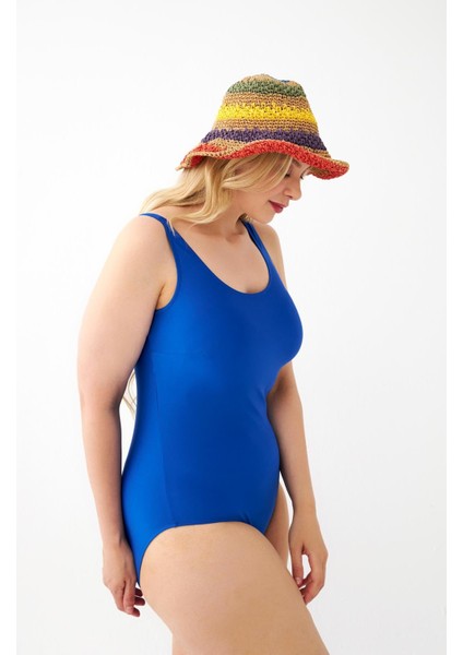 Kadın Saks Mavisi Büyük Beden Düz Tek Parça Mayo indirimleri