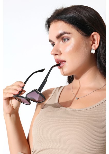 Kadın Siyah Gümüş Aksesuarlı Kelebek UV400 Güneş Gözlüğü 23058 C2