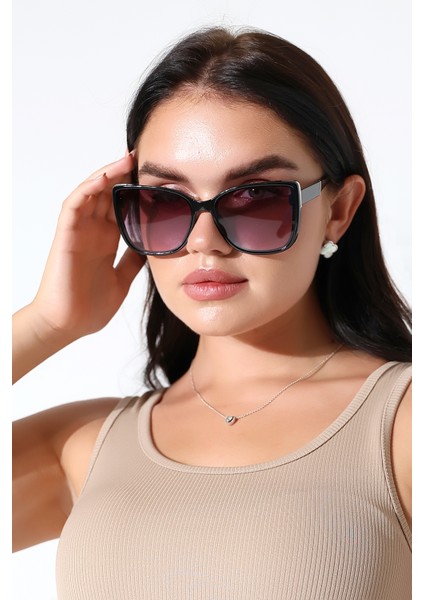Kadın Siyah Gümüş Aksesuarlı Kelebek UV400 Güneş Gözlüğü 23058 C2 modelleri