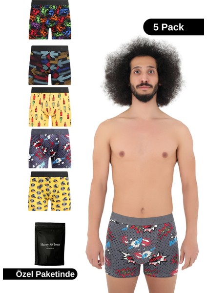 Erkek 5'li Desenli Renkli Pamuklu Premium Paket Boxer