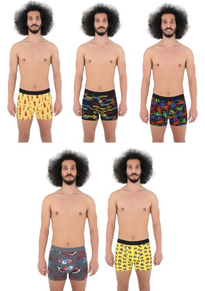 Erkek 5'li Desenli Renkli Pamuklu Premium Paket Boxer