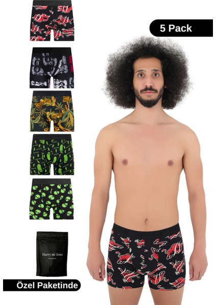 Erkek 5'li Desenli Renkli Pamuklu Premium Paket Boxer