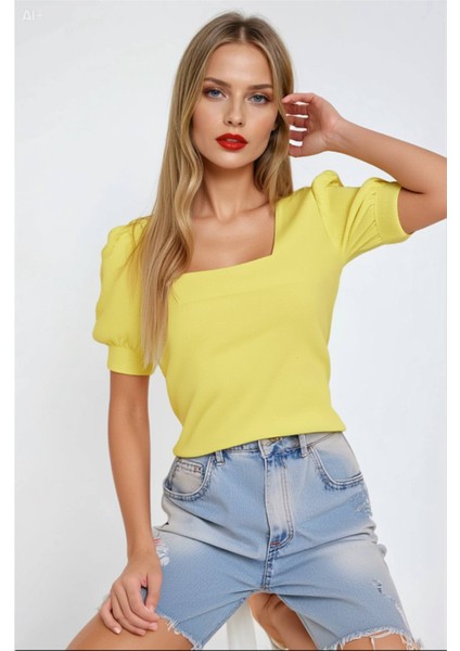 Kadın Sarı Kare Yaka Örme Bluz HZL22W-BD104091