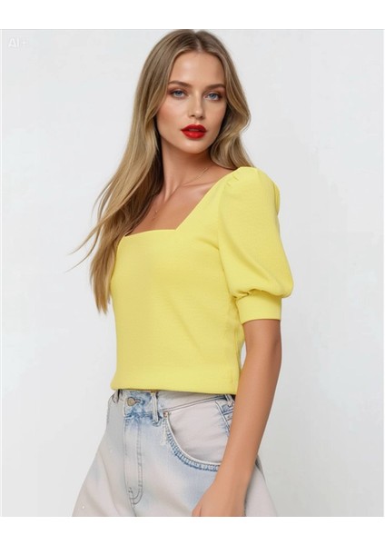 Kadın Sarı Kare Yaka Örme Bluz HZL22W-BD104091 fiyatları