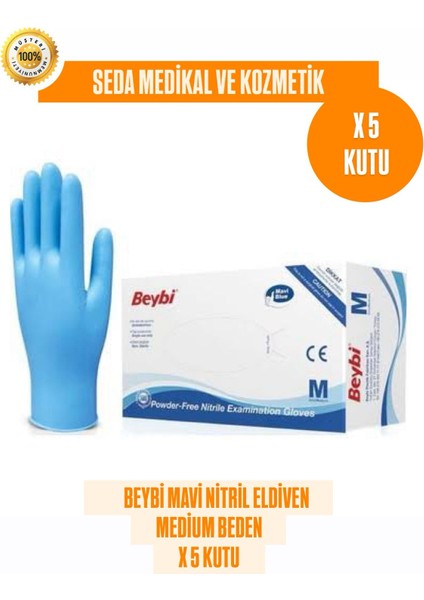 5 Kutu Pudrasız Mavi Nitril Muayene Eldiveni- Medium Beden