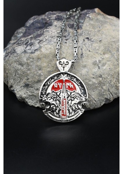 Bozkurt - Kurt - Göktürkçe Türk Yazılı Mineli 925 Ayar Gümüş Kolye Kral Zincir 2mm 902187 modelleri