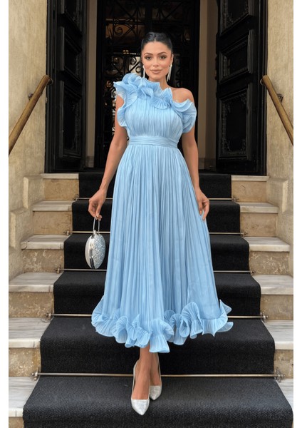 Şifon Kumaş Tek Kol Abiye Elbise - Bebe Mavisi