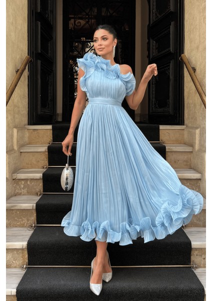 Şifon Kumaş Tek Kol Abiye Elbise - Bebe Mavisi fiyatları