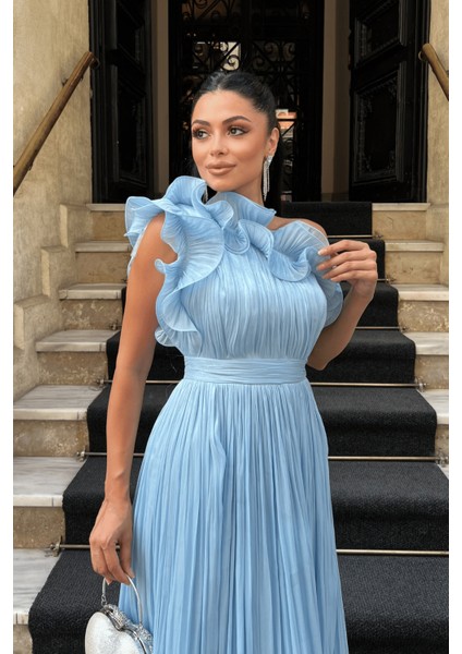 Şifon Kumaş Tek Kol Abiye Elbise - Bebe Mavisi modelleri