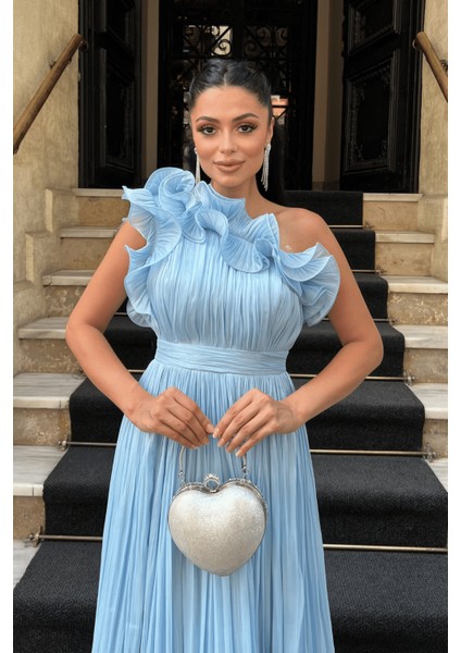 Şifon Kumaş Tek Kol Abiye Elbise - Bebe Mavisi fırsatları