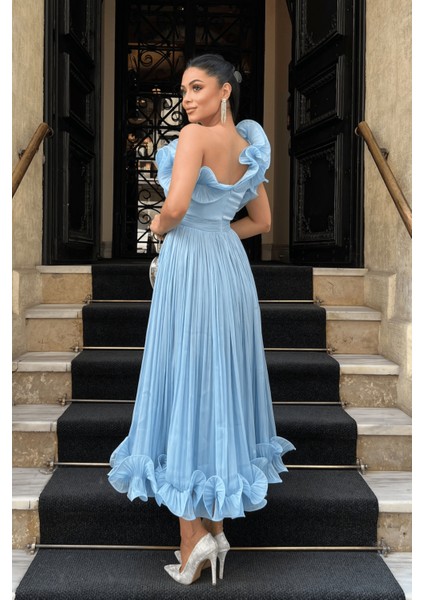 Şifon Kumaş Tek Kol Abiye Elbise - Bebe Mavisi indirimleri