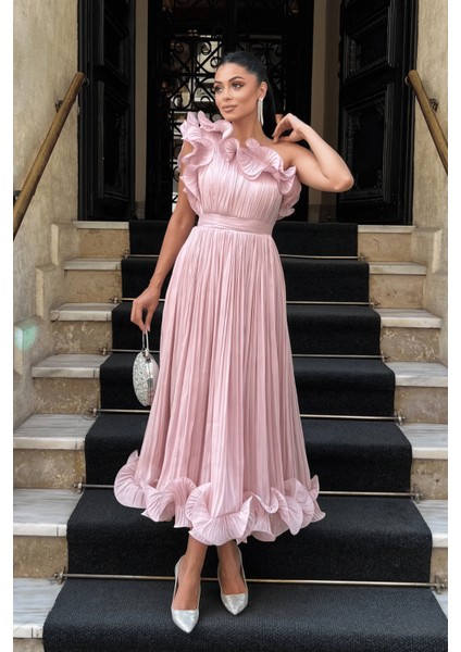 Şifon Kumaş Tek Kol Abiye Elbise - Pudra