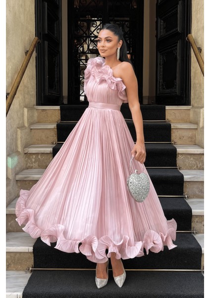 Şifon Kumaş Tek Kol Abiye Elbise - Pudra fiyatları