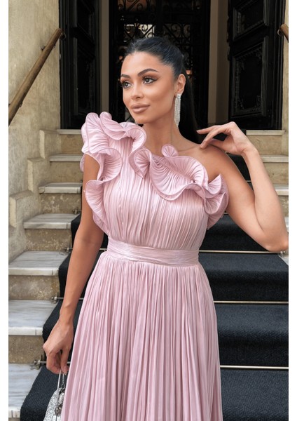 Şifon Kumaş Tek Kol Abiye Elbise - Pudra modelleri