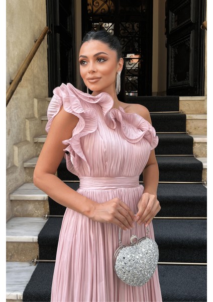 Şifon Kumaş Tek Kol Abiye Elbise - Pudra fırsatları