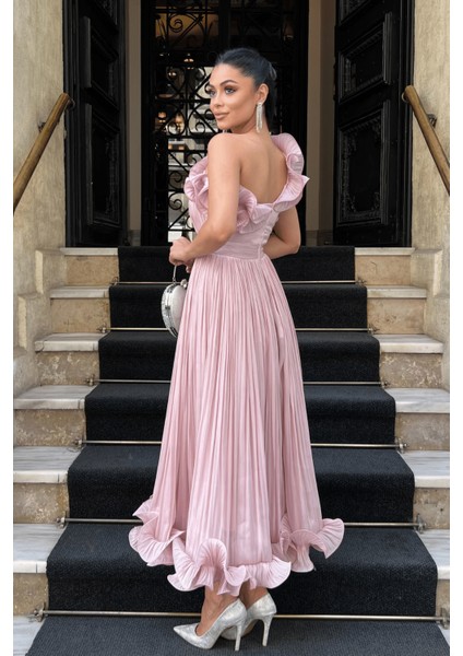 Şifon Kumaş Tek Kol Abiye Elbise - Pudra indirimleri