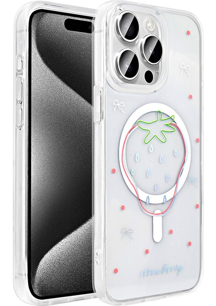 iPhone 15 Pro Max Uyumlu Kılıf Folk M-Safe Şarj Özellikli Şeffaf Desenli Çilek modelleri
