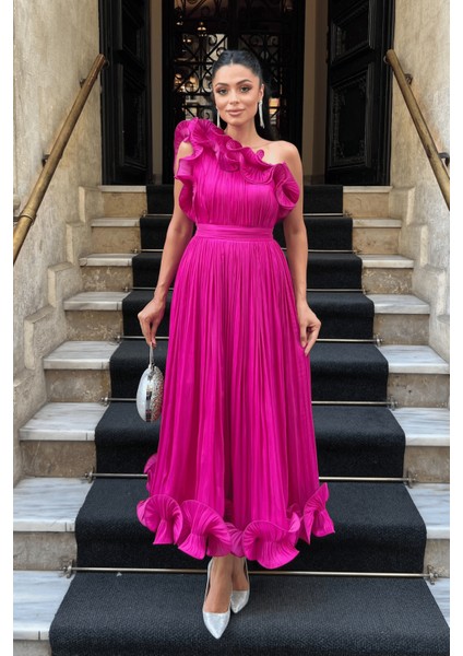 Şifon Kumaş Tek Kol Abiye Elbise - Fuşya