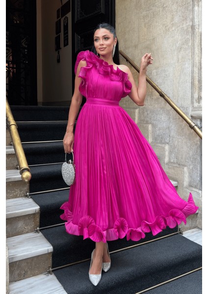 Şifon Kumaş Tek Kol Abiye Elbise - Fuşya fiyatları