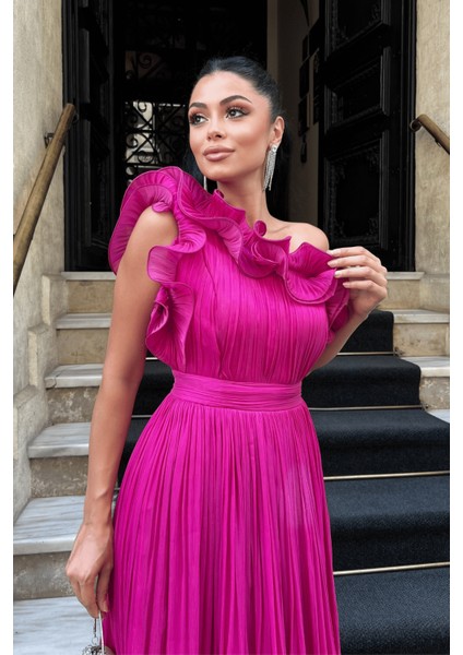 Şifon Kumaş Tek Kol Abiye Elbise - Fuşya modelleri