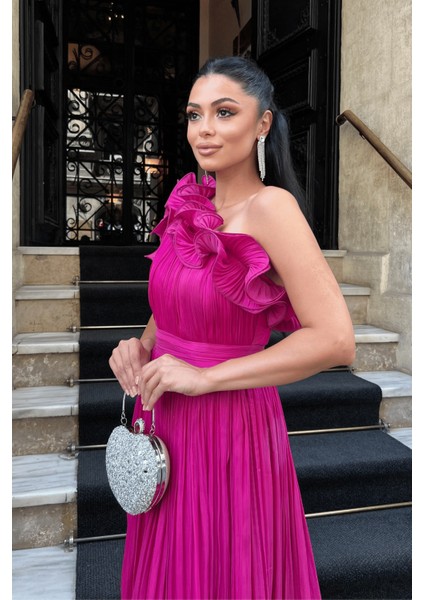 Şifon Kumaş Tek Kol Abiye Elbise - Fuşya fırsatları