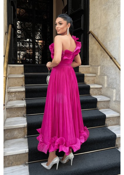 Şifon Kumaş Tek Kol Abiye Elbise - Fuşya indirimleri